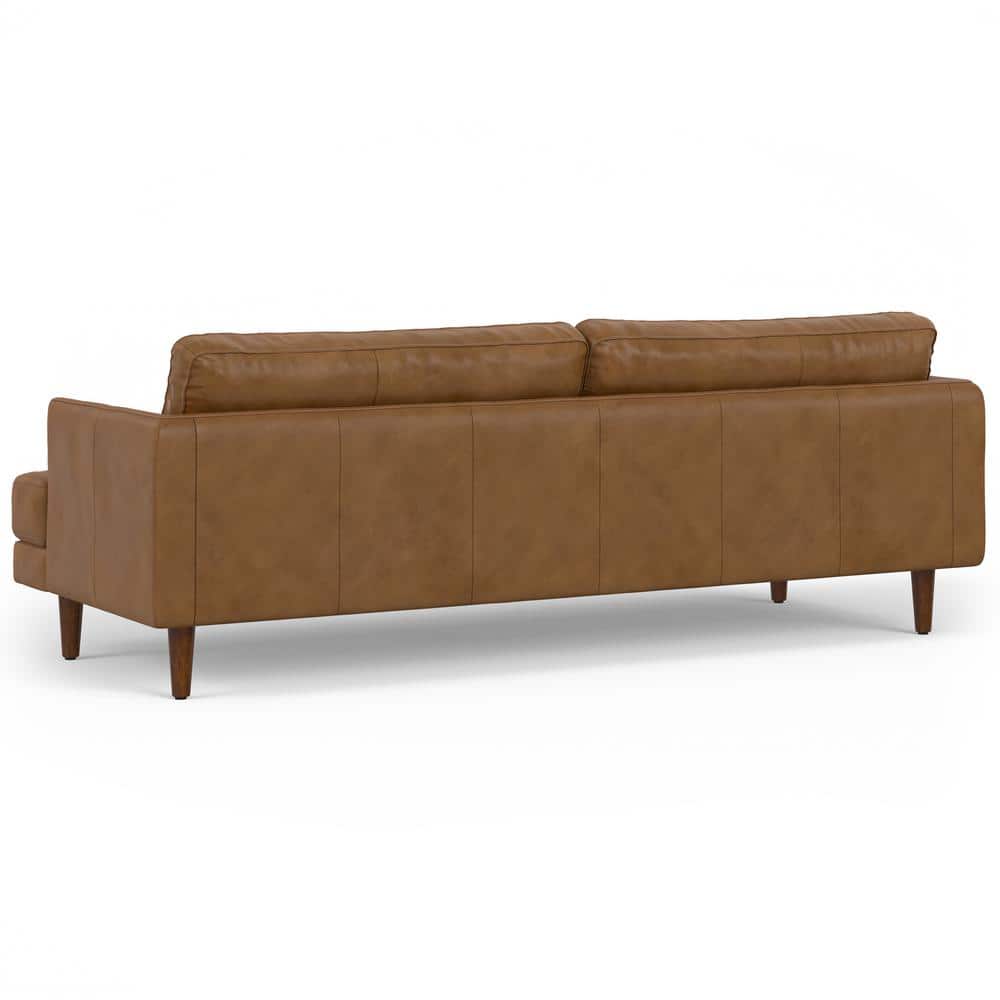 Caramel Brown Genuine Leather Mid-Century Modern Sofa with Removable Cushions