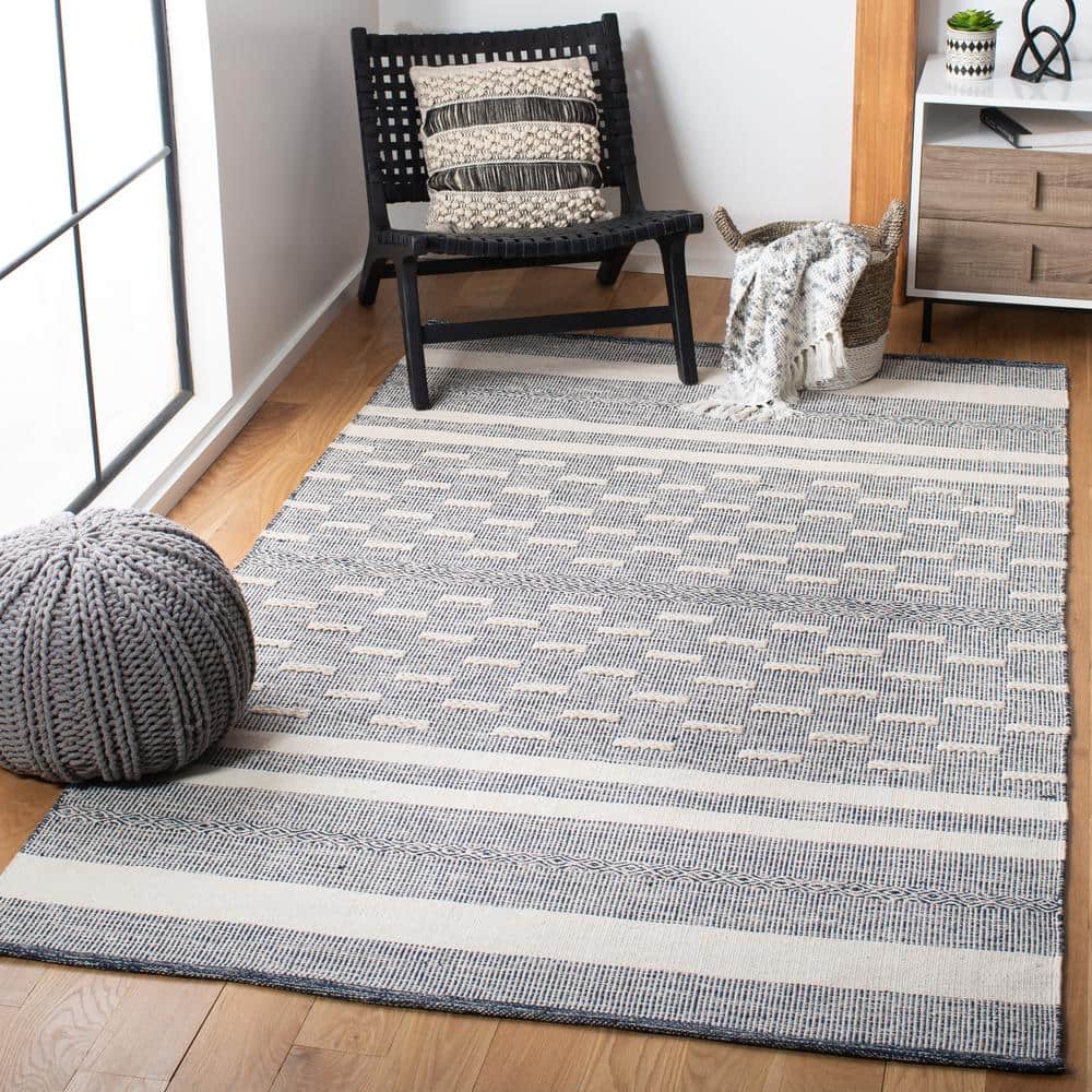 Ivory and Navy Striped Flat Woven Wool Cotton Area Rug