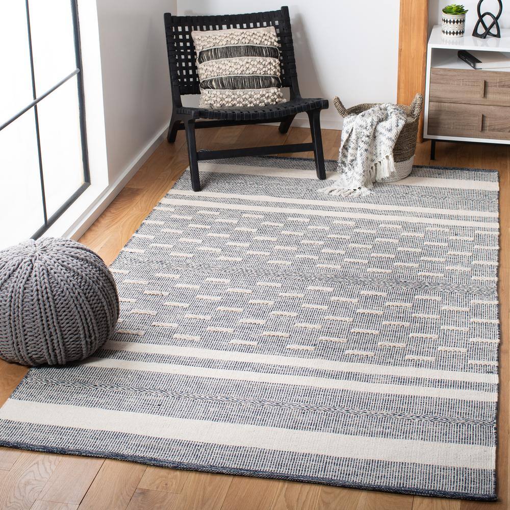 Ivory and Navy Striped Wool Cotton Flat Woven Area Rug
