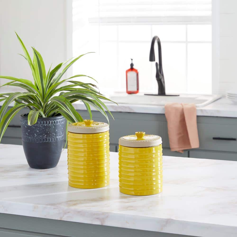 Yellow Ceramic Farmhouse Canister Set with Grooves