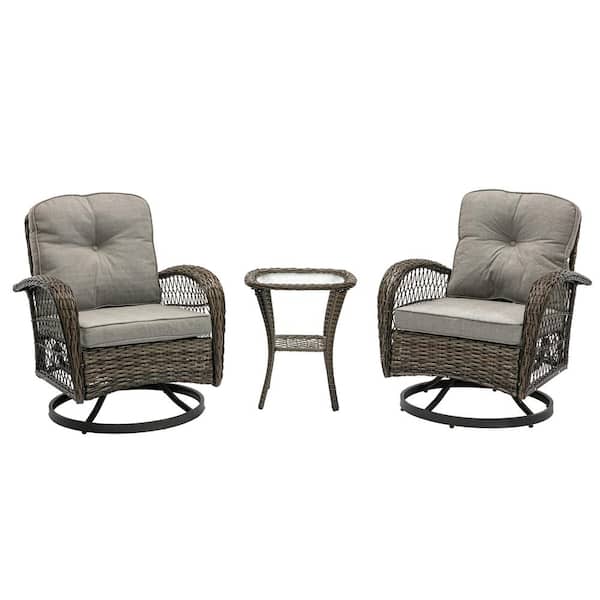 Anvil Natalie Brown 3-Piece Wicker Motion Patio Conversation Set With Tempered Glass Tabletop and Gray Polyester Cushion