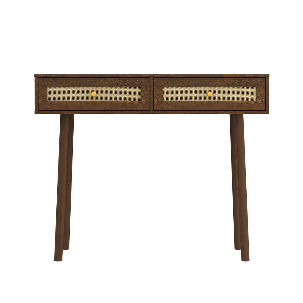 Walnut Mid-Century Modern Console Table with Rattan Drawers