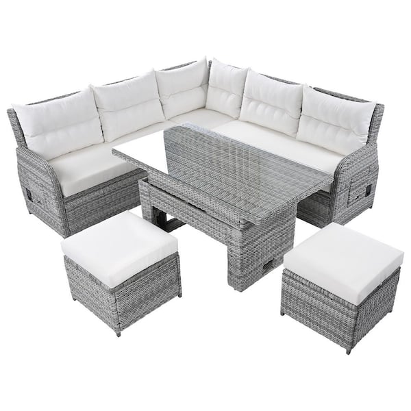 HomeAura Gray Wicker Outdoor Sectional Set with Beige Cushions