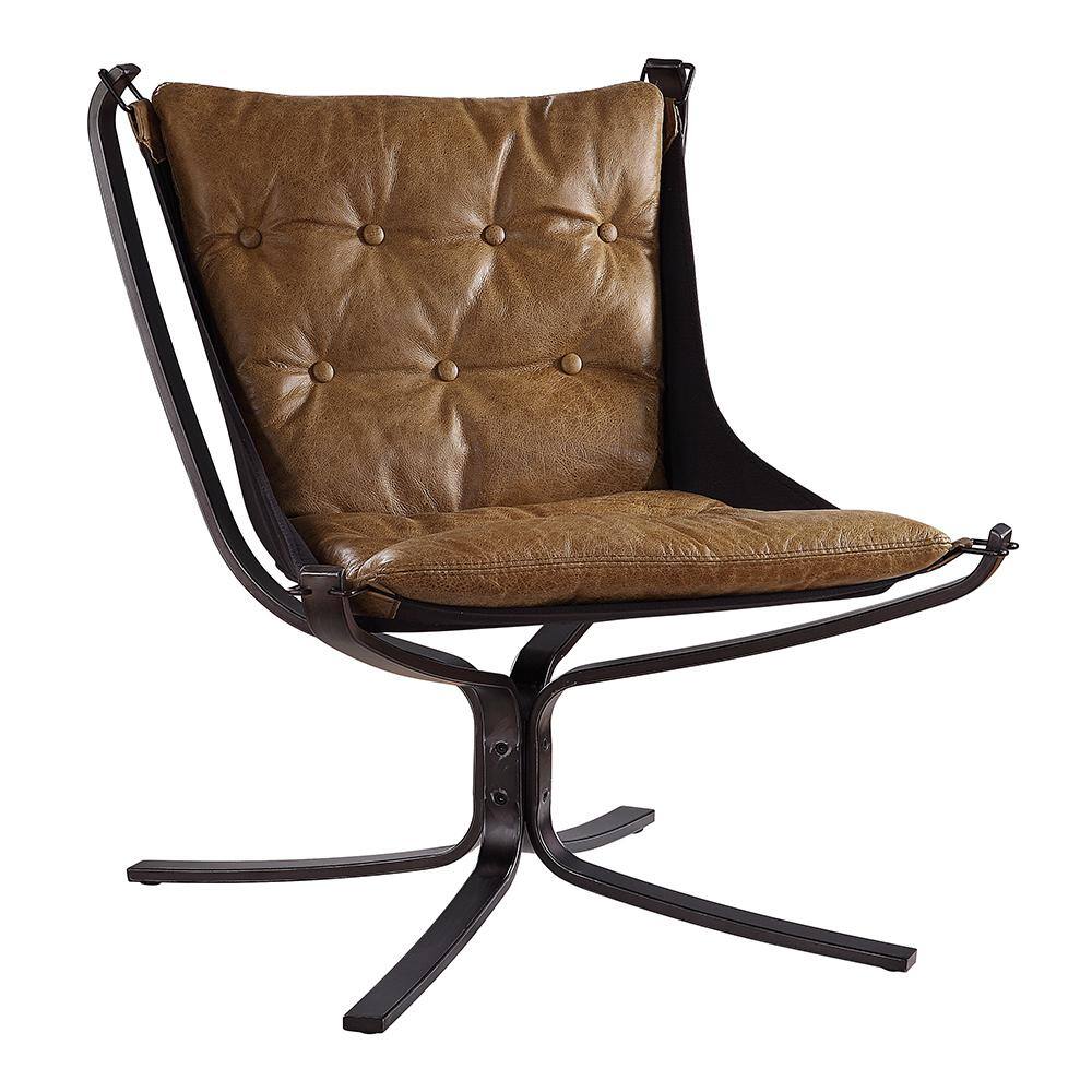Vintage Coffee Top Grain Leather and Metal Accent Chair