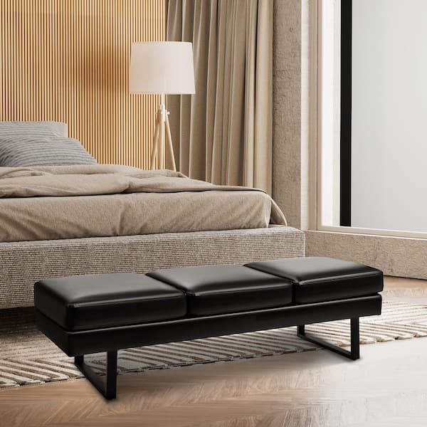 59.8 in. Black PU Leather 3 Seats Upholstered Office Reception Bench, Bedroom Bench with Heavy‑Duty Metal Frame