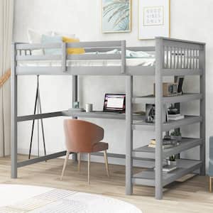 Full Size Loft Bed with Desk and Storage Shelves, Wood Loft Bed Frame with Guard Rail for Kids, Teens, Adults, Gray