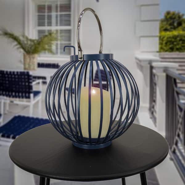 National Outdoor Living 11 in. Round Ribbed Candle Lantern, Moonlit Ocean Blue
