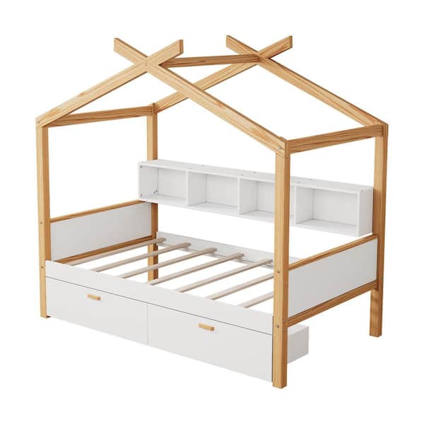 White Wood Frame Twin Size Platform Bed with Two Drawers and Bookshelf Storage Space