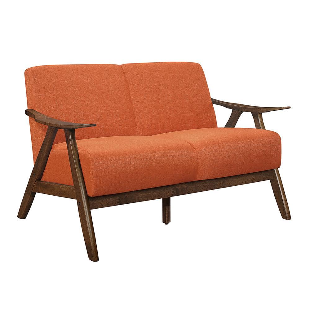 Retro Orange Fabric and Walnut Wood Loveseat with Sloped Arms