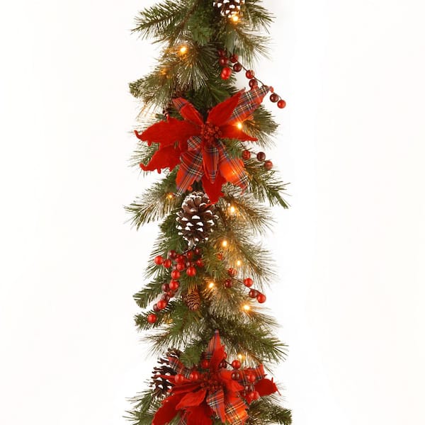 Unbranded Decorative Collection 9 ft. Tartan Plaid Garland with Battery Operated Warm White LED Lights