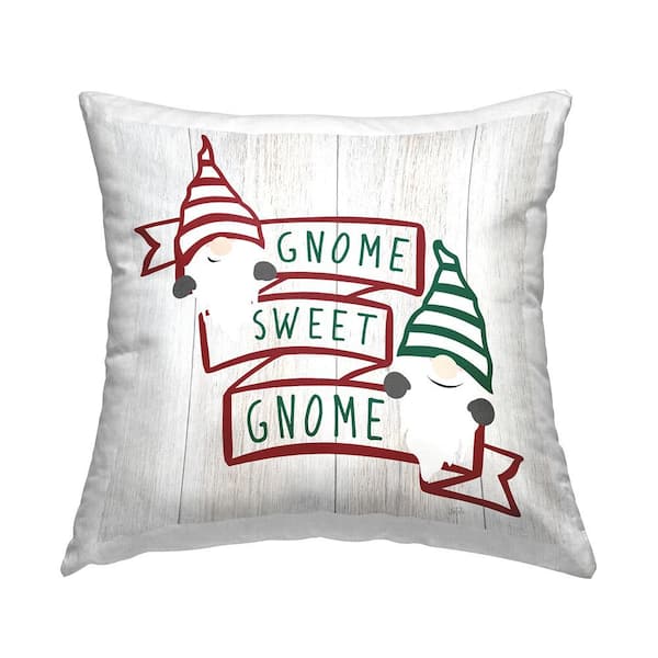 Stupell Industries Welcoming Seasonal Red Green Gnomes Banner Beige Print Polyester 18in. X 18in. Throw Pillow