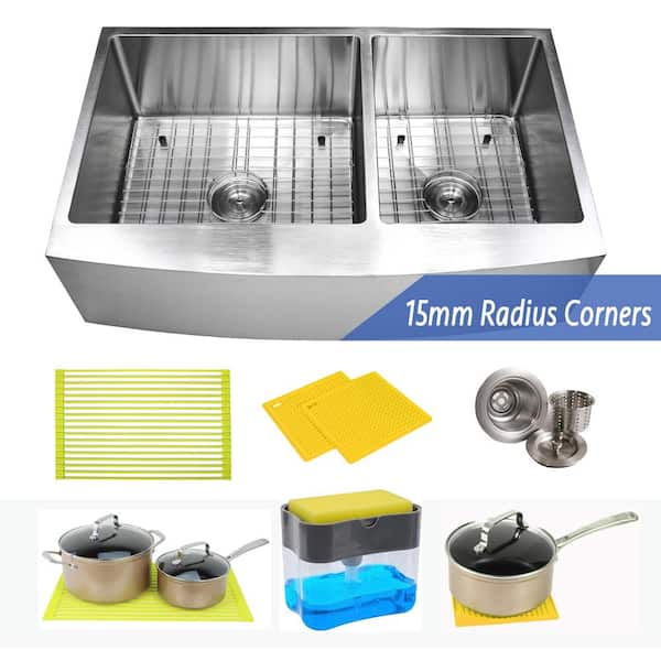 eModernDecor 36 in. x 21 in. x 10 in. 16-Gauge Stainless Steel Farmhouse Apron 60/40 Offset Double Bowl Kitchen Sink with Accessories