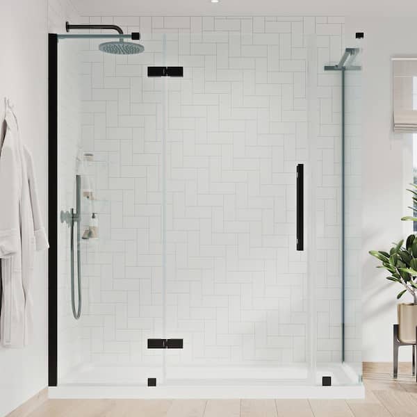 OVE Decors Tampa 60 in. L x 36 in. W x 75 in. H Corner Shower Kit w/ Pivot Frameless Shower Door in Black w/Shelves and Shower Pan