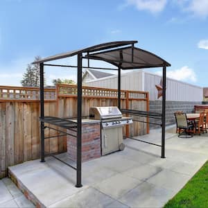 8 ft. x 5 ft. BBQ Grill Gazebo Double-Tier Polycarbonate Top Canopy with 2 Sides Shelves, for Outdoor Parties, Picnics