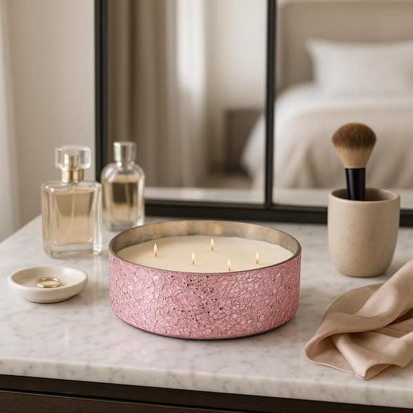 3 in. Pink Glass Santal Vanilla Crackled Bowl Scented Candle 49 oz.