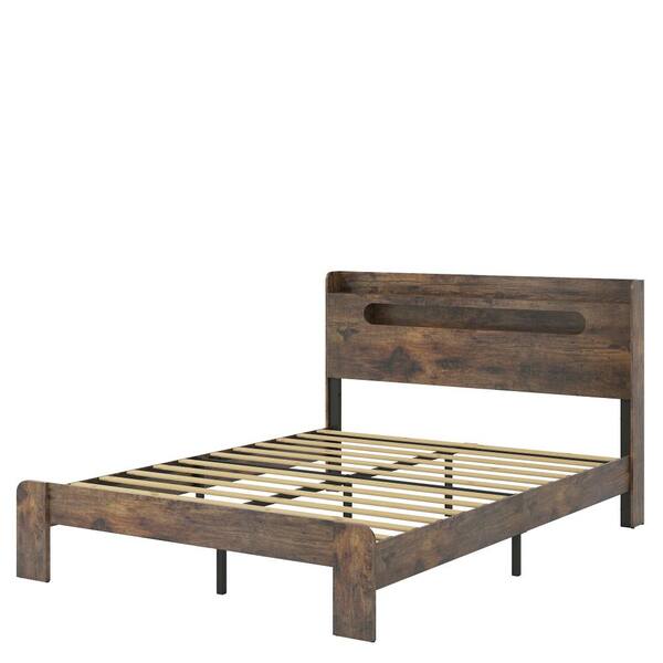 Queen Size Bed Frame,Wood Platform Bed with Storage LED Light Headboard,2 USB,Large Under Bed Storage in Dark Brown