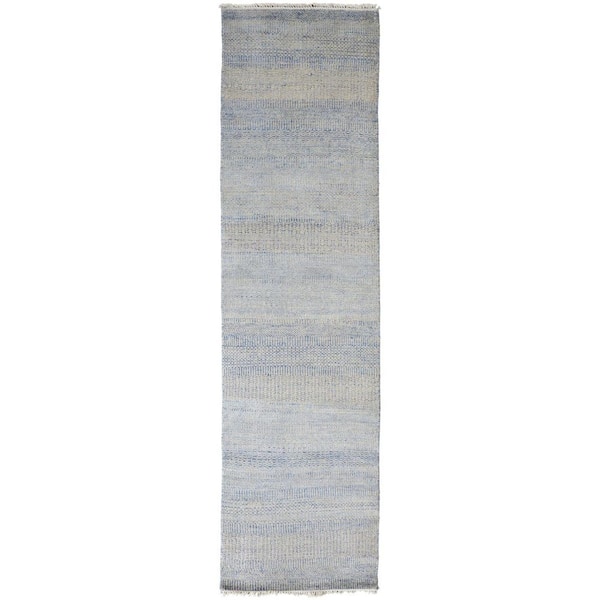 3 ft. x 12 ft. Blue and Silver Striped Area Rug
