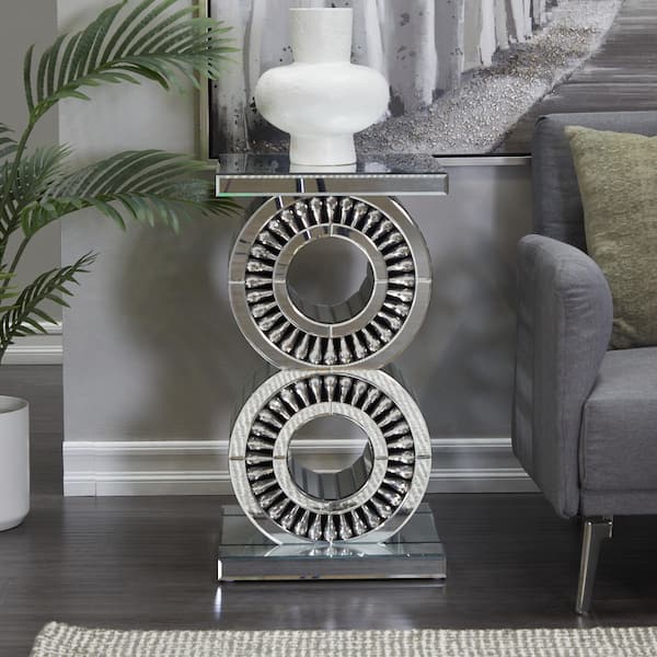 Litton Lane 16 in. Silver Mirrored Large Round Mirrored End Table with Crystal Embellishment
