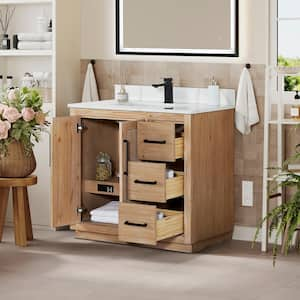 Floral 36 in. W x 22 in. D x 33 in. H Single Sink Freestanding Bath Vanity in Brown with Calacatta White Quartz Top