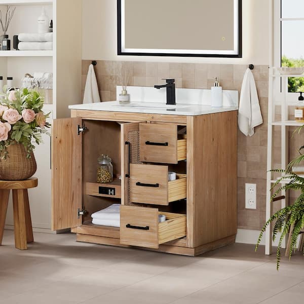 Floral 36 in. W x 22 in. D x 33 in. H Single Sink Freestanding Bath Vanity in Brown with Calacatta White Quartz Top