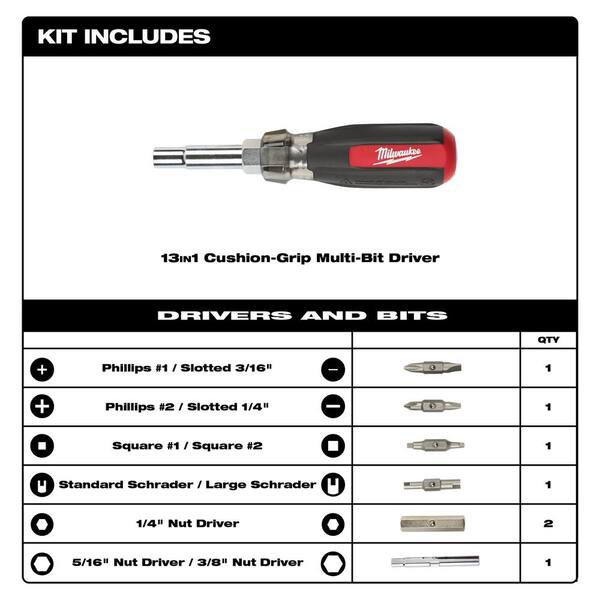 Details about   Milwaukee 13-in-1 Multi-Bit Screwdrivers Combination Drive Cushion Grip Handle 