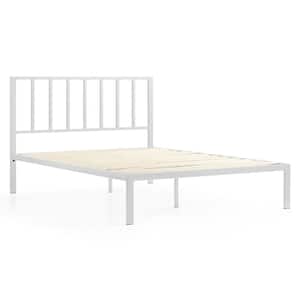 Lori White Full Metal Platform Bed Frame with Vertical Bar Headboard - Wood Slats