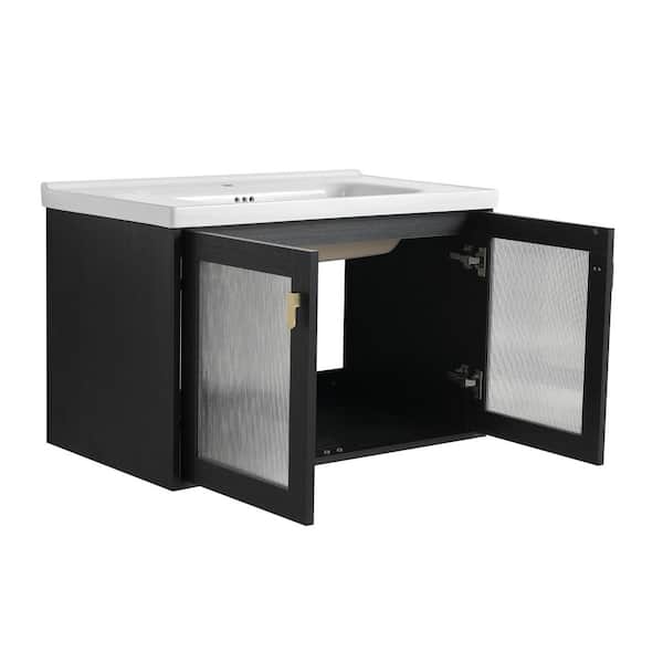 32 in. W x 18.7 in. D x 20.7 in. H Wall Mounted Bath Vanity in Black with White Ceramic Top