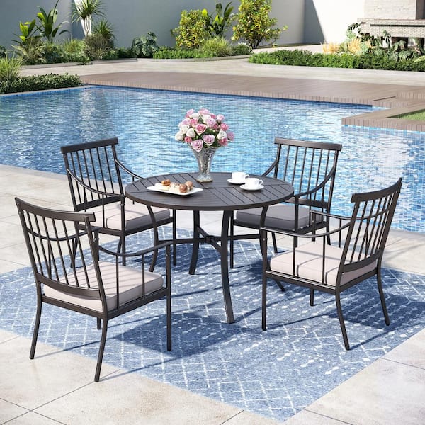 PHI VILLA 5-Piece Metal Patio Outdoor Dining Set with Beige Cushions and Round Dining Table