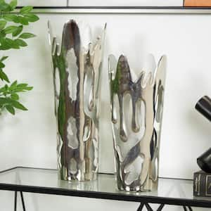 Silver Drip Aluminum Decorative Vase with Melting Designed Body (Set of 2)