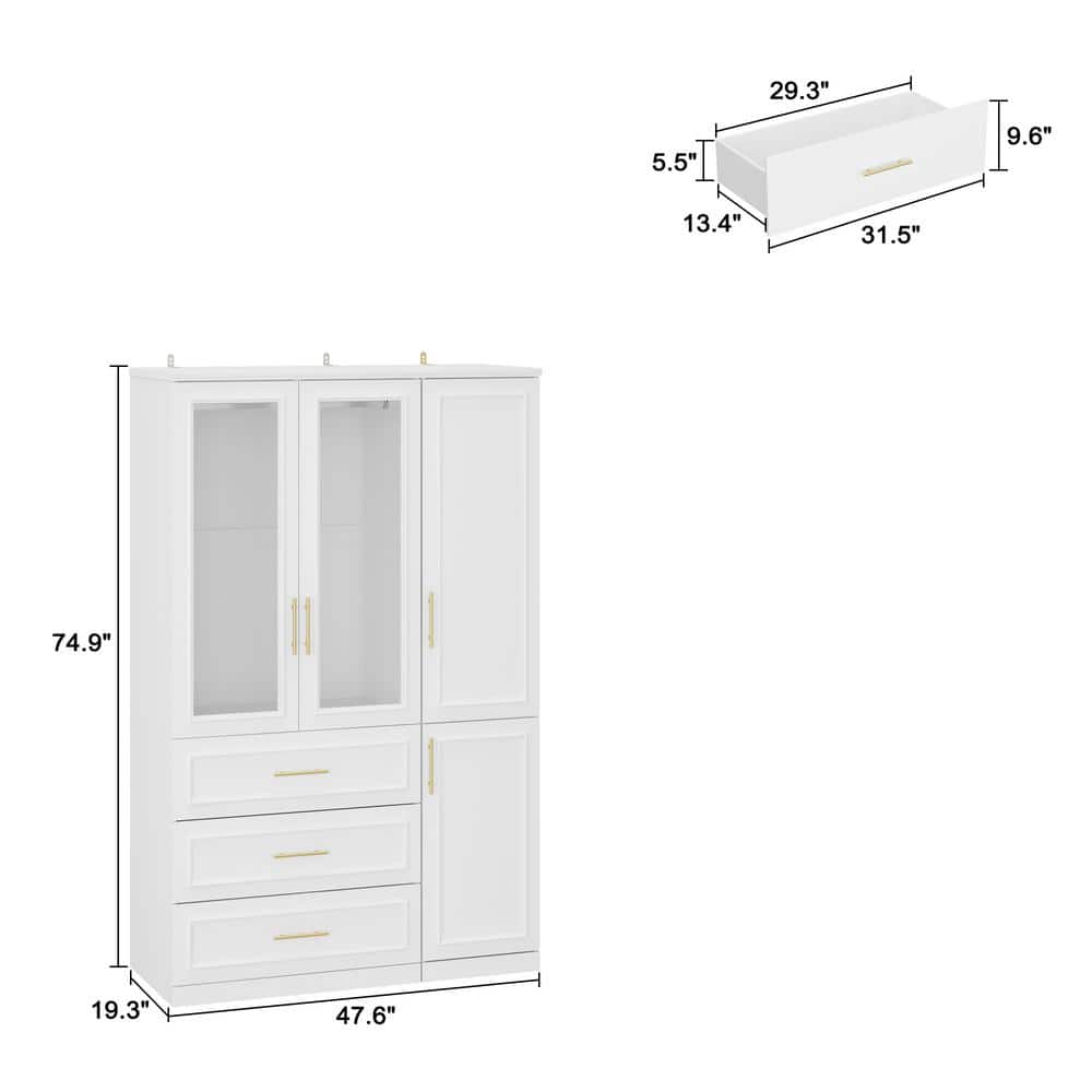 2-Combination White Wood 47.6 in. W 4-Door Big Armoires with 2-Hanging Rods, 3-Drawers, Shelves 74.8 in. H x 19.3 in. D - thumbnail 3