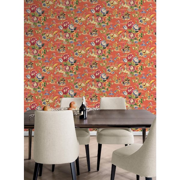 Travel Diary Flamingo Chinoiserie Vinyl Peel and Stick Wallpaper Roll (Covers 30.75 sq. ft.)