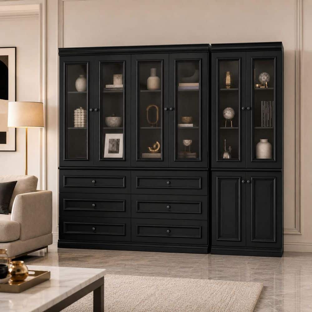 78.7 in. Tall Black Wood 11-Shelf Accent Bookcase with Glass Doors, 6 Drawers, Cabinet Storage for Display and Storage