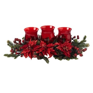30 in. Artificial Poinsettia and Berry Triple Candleabrum