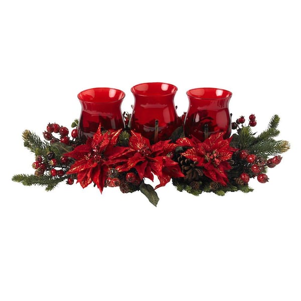Nearly Natural 30 in. Artificial Poinsettia and Berry Triple Candleabrum