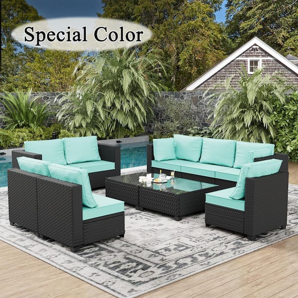 10-Piece Rattan Wicker Outdoor Patio Conversation Sofa Seating Set with Coffee Tables, Green Cushions and Sofa Cover