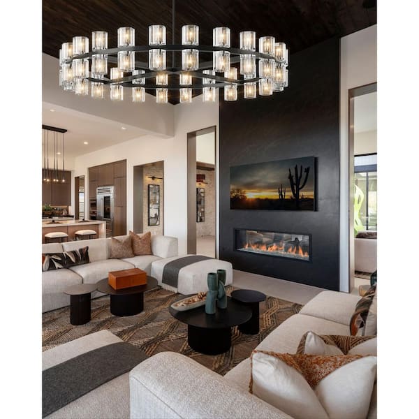 Modern Chandelier 36 in. 36-Light Matte Black Chandelier with K9 Crystal, Wagon Wheel Chandelier for Dining Room