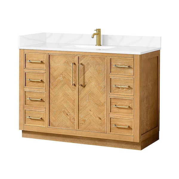 Jakarta 48 in. W x 22 in. D x 34 in. H Single Bath Vanity in Oak Natural Brown with Silk White Quartz Stone Top