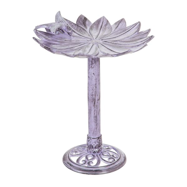 Evergreen 16 in. Metal Purple Floral Birdbath with Perched Bird