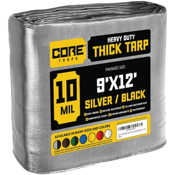 CORE TARPS 9 ft. x 12 ft. Silver/Black 10 Mil Heavy Duty Polyethylene Tarp, Waterproof, UV Resistant, Rip and Tear Proof