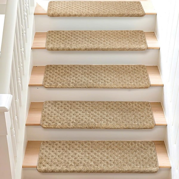 Bullnose Khaki Mini Diamond Trellis 9.5 in. x 30 in. x 1.2 in. Polypropylene Carpet Stair Tread Cover Rug Mat Set of 12