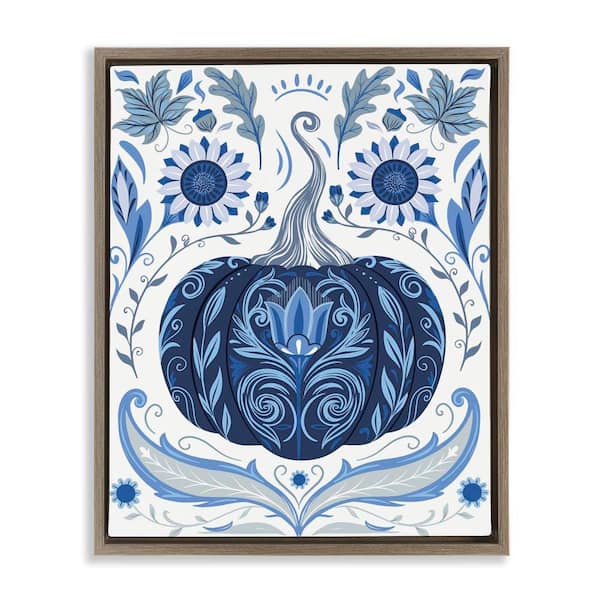 Stupell Industries Symmetrical Floral Pumpkin by Arrolynn Weiderhold Brown Floater Frame Nature Graphic Art Print 31 in. x 25 in.