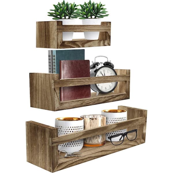 Sorbus 16.2 in. D x 4.6 in W x 4.5 in. H Mahogany Rustic Wood Decorative Wall Shelves with Crossbar and Brackets