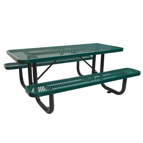 Zeus & Ruta 6 ft. Stainless Steel Rectangular Outdoor Picnic Table with Umbrella Pole in Green
