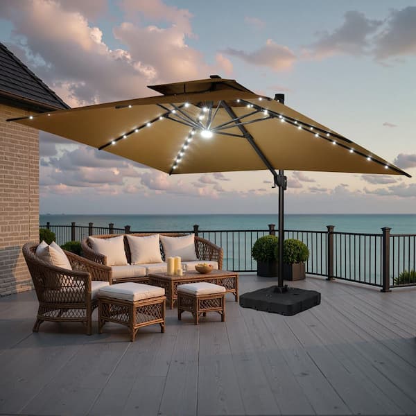 Crestlive Products 13 ft. x 10 ft. Outdoor Cantilever Umbrella w/ Solar Lights and 350 lbs. Base Double Top Patio Umbrella in Tan Brown CL-UWB8624TAN - The Home Depot Crestlive Products 13 ft. x 10 ft. Outdoor Cantilever Umbrella w/ Solar Lights and 350 lbs. Base Double Top Patio Umbrella in Tan Brown CL-UWB8624TAN - The Home Depot