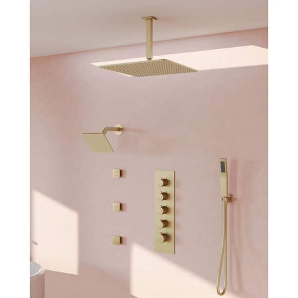 GRANDJOY SerenityFlow Shower System 15-Spray 16 & 6 in. Dual Ceiling Mount Fixed and Handheld Shower Head 2.5GPM in Brushed Gold
