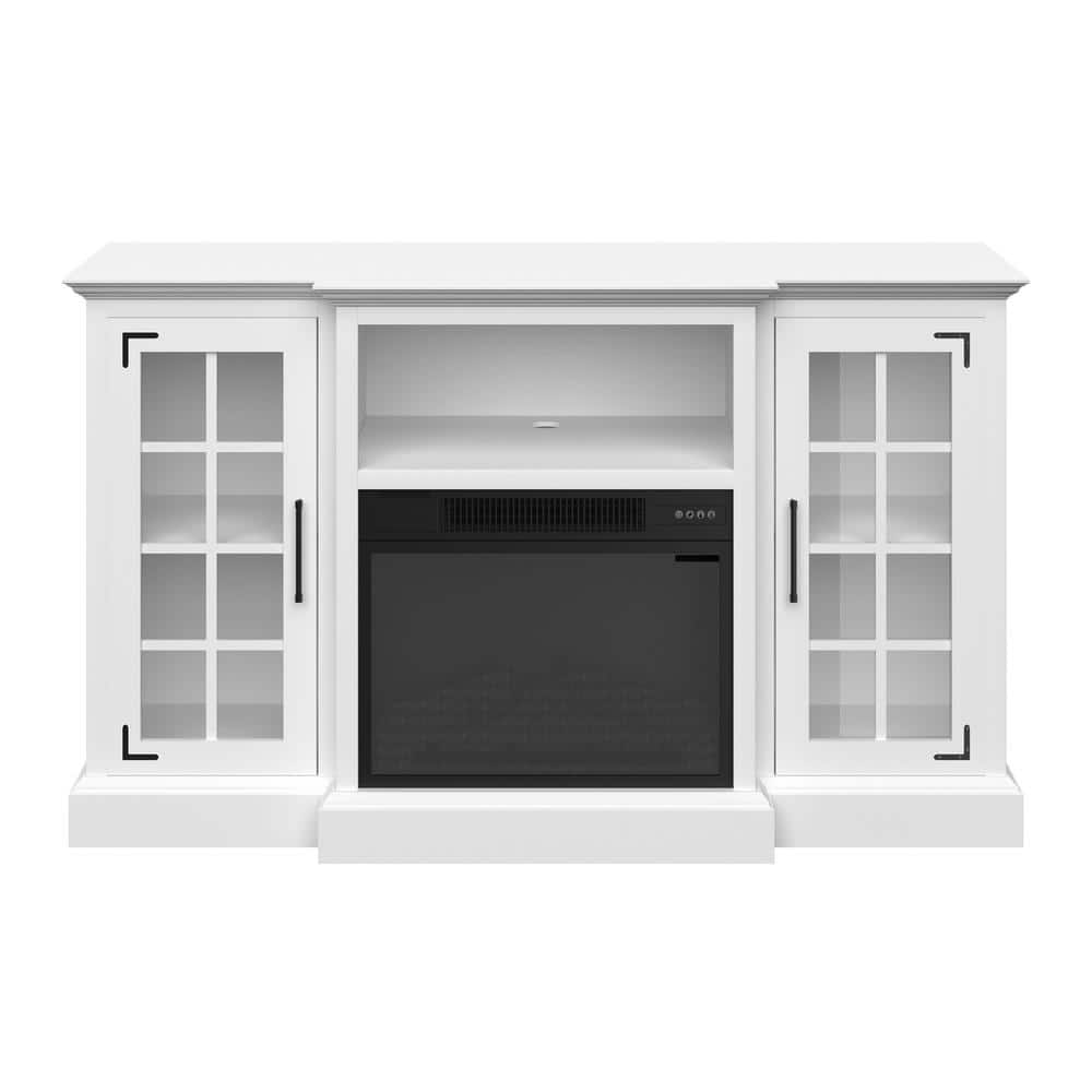 White 65-Inch TV Stand with Electric Fireplace and Cabinets