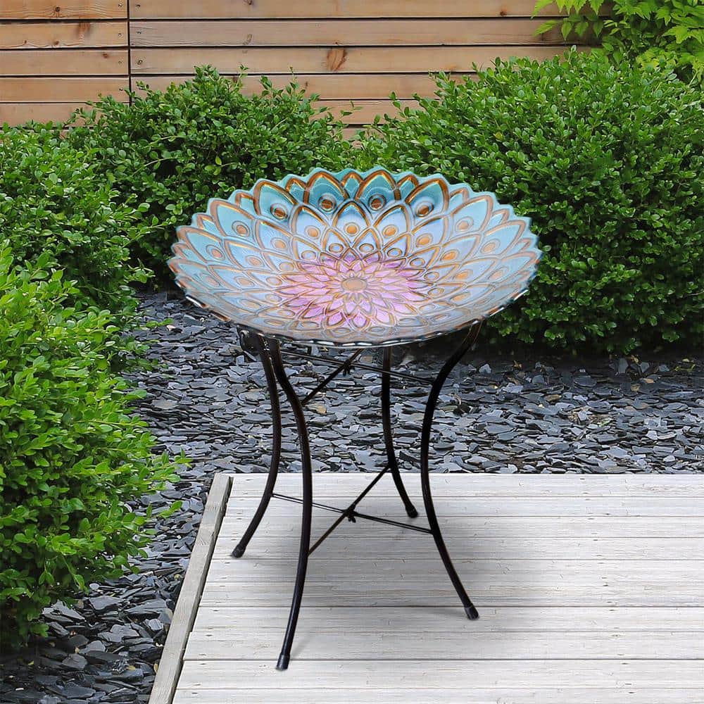 18" Multicolor Mosaic Glass Bird Bath with Metal Stand