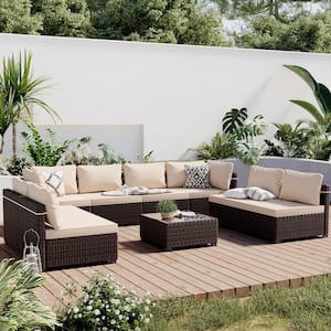 9-Piece Wicker Patio Conversation Seating Set with Beige Cushions and Coffee Table