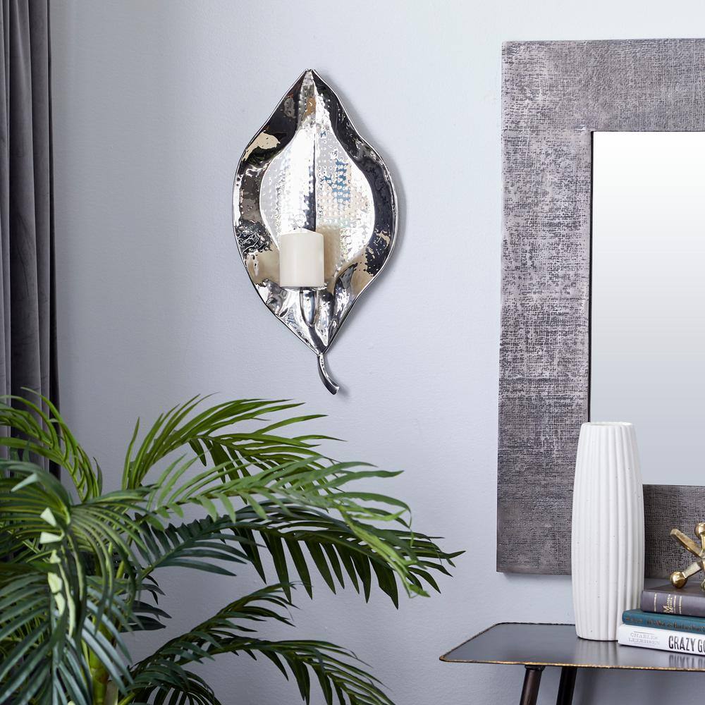 Large Silver Stainless Steel Leaf Taper Candle Holder