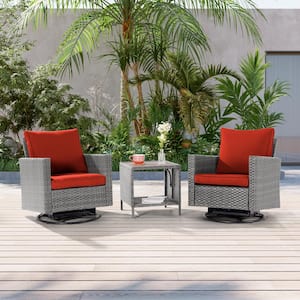 3-Piece Gray Wicker Patio Bistro Set Swivel Rocking Chairs for Outdoor Occasions of Lawn, Rust Red
